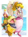  1boy 1girl absurdres bandana bare_shoulders black_bandana blonde_hair blue_eyes bowser_jr. brooch closed_mouth crown earrings food gonzarez high_heels highres holding holding_food holding_ice_cream holding_umbrella ice_cream ice_cream_cone jewelry looking_at_another mario_(series) official_alternate_costume official_alternate_hairstyle open_mouth parasol pink_footwear pink_lips ponytail princess_peach red_hair smile umbrella walking 