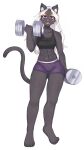  9:16 abs anthro athletic athletic_female black_body black_fur bottomwear bra breasts cleavage clothed clothing domestic_cat dumbbell egyptian_cat exercise felid feline felis female fur grey_body grey_fur hair helenwoodsr hi_res inner_ear_fluff looking_at_viewer makeup mammal muscular muscular_female navel purple_eyes shirt shorts small_breasts smile smiling_at_viewer solo sports_bra sportswear tank_top tomboy topwear tuft underwear weightlifting weights white_hair workout zahey_(kiyosama) 