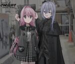  2girls :d :o black_coat black_headwear black_jacket black_pants black_ribbon black_shirt blue_eyes blurry blurry_background braid character_name chihuri coat collared_shirt commentary_request dated depth_of_field dress_shirt ende_(chihuri) grey_hair grey_skirt hair_between_eyes hair_intakes hair_ribbon hand_up highres jacket long_hair multiple_girls nea_(chihuri) open_clothes open_coat open_jacket original pants parted_lips pink_hair plaid plaid_skirt pleated_skirt purple_eyes ribbon safety_pin shirt skirt smile traffic_cone twin_braids very_long_hair white_shirt 