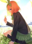  1girl absurdres arm_support black_jacket black_socks blue_eyes blue_sky blurry bow brown_footwear closed_mouth cloud clover commentary day depth_of_field eyebrows_hidden_by_hair falling_leaves feet_out_of_frame fingernails four-leaf_clover go-toubun_no_hanayome grass green_bow green_hairband green_ribbon green_skirt hair_between_eyes hair_over_shoulder hair_ribbon hairband hand_up highres holding_clover jacket leaf leaning_forward light_blush long_sleeves looking_at_viewer medium_hair miniskirt nakano_yotsuba nose orange_hair outdoors perspective plaid plaid_bow pleated_skirt profile ribbon school_uniform sidelighting sideways_glance sitting skirt sky smile socks solo sunlight sweater_vest tamago_sando wariza yellow_sweater_vest 