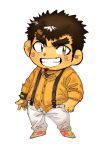 1boy bara blush chibi collared_shirt facial_hair forked_eyebrows full_body goatee goatee_stubble grin huge_eyebrows long_sideburns looking_to_the_side male_focus official_alternate_costume orange_shirt oskn_tengoku shirt short_hair sideburns smile solo stubble takabushi_kengo tokyo_afterschool_summoners upper_body v-shaped_eyebrows 