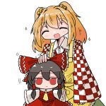  1girl 1other apron bell checkered_clothes fumo_(doll) hair_bell hair_ornament hakurei_reimu happy headpat kasuya_baian motoori_kosuzu sparkle touhou yellow_apron 