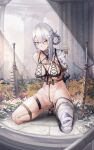  1girl arms_behind_back bandaged_arm bandaged_leg bandages bdsm blur_censor bondage bound bound_arms bound_legs breasts censored closed_mouth commentary_request commission crotch_rope english_commentary flower grey_hair hair_between_eyes hair_flower hair_ornament highres kaine_(nier) kneeling large_breasts long_hair looking_at_viewer looped_braids mixed-language_commentary nier nier_(series) orange_eyes outdoors paid_reward_available pussy restrained shibari single_bare_shoulder solo thigh_strap white_flower yusha_m 