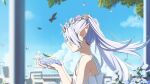  1girl absurdres bare_shoulders bird blurry blurry_background closed_mouth commentary dress earrings elf falling_petals flower frieren head_wreath highres jewelry own_hands_together petals pointy_ears ppchen solo sousou_no_frieren sundress twintails white_dress white_hair wind 