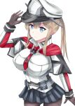  1girl absurdres black_gloves blonde_hair blue_eyes breasts cowboy_shot gloves graf_zeppelin_(kancolle) hat highres kantai_collection military_hat military_uniform nipa_(graf_xsr900) simple_background smile solo twintails uniform 