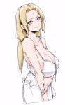  1girl arm_under_breasts artist_name blonde_hair breasts cleavage closed_mouth collarbone cropped_torso dress facial_mark forehead forehead_mark from_side hair_intakes huge_breasts looking_at_viewer low_ponytail naruto naruto_(series) relaxjon simple_background smile solo tsunade_(naruto) white_background white_dress yellow_eyes 