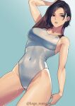  1girl absurdres arm_up bare_arms bare_shoulders black_hair breasts covered_navel highleg highleg_swimsuit highres kagematsuri large_breasts long_hair looking_at_viewer one-piece_swimsuit original parted_lips purple_eyes simple_background solo swimsuit thighs wet white_one-piece_swimsuit 