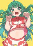  1girl :d absurdres commentary_request cowboy_shot curly_hair e_sdss fang fingernails flat_chest green_eyes green_hair hands_up happy highres horns komano_aunn long_hair midriff navel open_mouth paw_pose petite red_shirt sharp_fingernails shirt short_sleeves shorts simple_background single_horn skin_fang smile solo touhou very_long_hair white_shorts yellow_background 