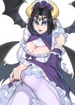  1girl alternate_costume black_hair blue_eyes breasts cleavage demon demon_girl digimon digimon_(creature) eyeshadow facial_mark fallen_angel forehead_mark highres horns large_breasts lilithmon looking_at_viewer maid makeup medium_hair pointy_ears purple_eyeshadow simple_background solo wings youzaiyouzai112 