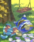  animal_ears closed_eyes disembodied_limb elfilin flower grass highres kirby_(series) lying magolor miclot mouse_ears no_humans notched_ear purple_flower sleeping swing tail tree white_flower yellow_eyes 