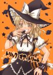  1girl black_headwear black_ribbon black_wrist_cuffs bow candy copyright_name cover cover_page doujin_cover food grin hair_ribbon halloween hat hat_bow highres holding holding_candy holding_food kirisame_marisa kodou_mikoto light_blush long_hair neck_ribbon orange_background oversized_object ribbon short_sleeves smile solo star_(symbol) title_page touhou white_bow witch_hat wrist_cuffs 