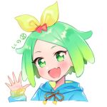  1girl :d blue_hoodie blush bow character_name commentary_request cropped_torso fang gradient_hair green_eyes green_hair hair_bow hand_up hood hood_down hoodie idol_time_pripara long_sleeves looking_at_viewer multicolored_hair nijiiro_nino o4ritarou open_hand open_mouth pretty_(series) pripara short_hair simple_background skin_fang smile solo triangle_hair_ornament upper_body white_background yellow_bow 
