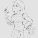  anthro breasts cellphone cheerleader cheerleader_outfit clothing crop_top dinosaur female hair holding_cellphone holding_object holding_phone holding_smartphone midriff monochrome phone pom_poms reptile scalie shirt simple_background smartphone snoot_game snout solo stacy_(gvh) topwear unknown_artist 