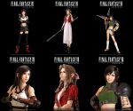  3d absurdres aerith_gainsborough black_footwear black_hair black_skirt black_thighhighs breasts brown_eyes final_fantasy final_fantasy_vii final_fantasy_vii_remake fingerless_gloves full_body gloves green_eyes highres holding holding_staff holding_weapon huge_weapon large_breasts logo long_hair official_art open_mouth red_footwear short_hair short_shorts shorts shuriken skirt smile staff suspender_skirt suspenders tank_top thighhighs tifa_lockhart upper_body weapon yuffie_kisaragi 