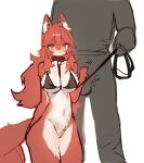  anthro big_breasts bikini biped blush breasts canid canine cleavage clothed clothing crotch_tuft duo female fox fur hair huge_thighs human kemono larger_male leash looking_at_viewer male mammal multicolored_body multicolored_fur navel orange_eyes red_body red_fur red_hair simple_background size_difference smaller_female swimwear thick_thighs tuft unnamed_fox_(utterangle) utterangle white_background white_body white_fur wide_hips 