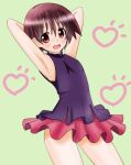  1girl :d ankoro_(momomonsss) armpits arms_behind_head ass_visible_through_thighs black_shirt blush brown_hair commentary cowboy_shot flat_chest frilled_skirt frills from_side green_background hair_between_eyes heart heart_background looking_at_viewer looking_to_the_side mandarin_collar microskirt miyanaga_saki notice_lines open_mouth red_eyes red_skirt saki shirt short_hair skirt sleeveless sleeveless_shirt smile solo standing very_short_hair 