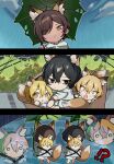  !? 2boys 2girls animal_ears black_eyes black_hair blonde_hair box brown_eyes brown_hair cardboard_box chibi don_quixote_(limbus_company) foliage fox_ears fox_tail highres holding holding_umbrella limbus_company mu46016419 multiple_boys multiple_girls outis_(limbus_company) project_moon rain raincoat sinclair_(limbus_company) strap tail umbrella yellow_eyes yi-sang_(limbus_company) 