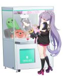  1girl absurdres bare_shoulders counter:side crane_(machine) high_heels highres machine-g.a.p. official_art ponytail purple_hair red_eyes replacer_bishop replacer_king replacer_knight replacer_queen robot stuffed_animal stuffed_octopus stuffed_toy tachi-e wheel 