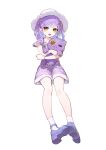  1girl absurdres alternate_costume blue_footwear blue_hair blush bracelet colored_inner_hair doll_hug hair_ornament hair_ribbon hairclip hat highres jewelry light_blue_hair long_hair looking_at_viewer mary_janes multicolored_hair nemoto_yuuma object_hug overalls platform_footwear purple_hair purple_overalls purple_shirt ribbon shinomiya_runa shirt shoes short_sleeves simple_background solo strap_slip striped striped_shirt stuffed_animal stuffed_cat stuffed_toy sun_hat t-shirt two_side_up virtual_youtuber vspo! white_background white_headwear white_ribbon x_hair_ornament yellow_eyes 