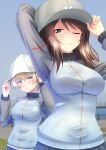  2girls ;) adjusting_clothes adjusting_headwear arm_up blue_eyes blue_headwear blue_jacket blue_skirt blue_sky blurry blurry_foreground brown_eyes brown_hair clear_sky closed_mouth day depth_of_field girls_und_panzer half-closed_eyes hat headwear_switch highres jacket keizoku_military_uniform long_hair long_sleeves looking_at_viewer mika_(girls_und_panzer) military_uniform multiple_girls one_eye_closed outdoors pleated_skirt raglan_sleeves redbaron short_hair skirt sky smile standing track_jacket tulip_hat twitter_username uniform white_hair youko_(girls_und_panzer) 