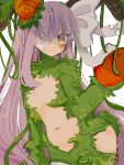  1girl bandage_over_one_eye blush bow breasts fate/grand_order fate_(series) hair_bow han-log highres kingprotea_(fate) long_hair looking_at_viewer medium_breasts moss navel nude plant purple_hair solo sparkling_eyes vines white_background white_bow 