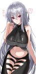  1girl ? arknights ascot bare_arms bare_shoulders black_ascot black_pants breasts clothing_cutout commentary_request cowboy_shot grey_hair hand_up highres horn/wood large_breasts leggings long_hair looking_at_viewer midriff navel pants red_eyes simple_background skadi_(arknights) sleeveless solo spoken_question_mark stomach thigh_cutout thighs very_long_hair white_background 
