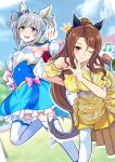  2girls alternate_hairstyle animal_ears armpits blue_dress blue_eyes breasts brown_hair cosplay cure_sky dress emoji feet_out_of_frame grey_hair hair_between_eyes highres hirogaru_sky!_precure horse_ears horse_girl king_halo_(umamusume) long_hair looking_at_viewer multiple_girls parted_bangs precure red_eyes seiun_sky_(umamusume) short_hair short_twintails sleeveless sleeveless_dress sweat twintails umamusume yellow_dress zenrakishi 