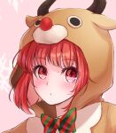  1girl animal_costume animal_ears arima_kana blush closed_mouth deer_ears hat ichijo_kazuya light_blush looking_at_viewer oshi_no_ko red_eyes red_hair reindeer reindeer_costume ribbon short_hair 