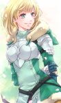  1girl armor blonde_hair blue_gloves breastplate commentary_request dress ebi_puri_(ebi-ebi) fire_emblem fire_emblem:_three_houses fur_trim gloves green_dress green_eyes ingrid_brandl_galatea long_sleeves pauldrons short_hair shoulder_armor smile solo upper_body 