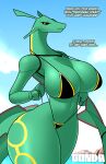  absurd_res anthro bikini biped black_sclera breasts cleavage clothed clothing cloud detailed_background dialogue english_text female generation_3_pokemon gonda green_body hi_res legendary_pokemon nintendo pokemon pokemon_(species) rayquaza solo swimwear text yellow_body yellow_eyes 