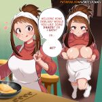  1girl :q absurdres alternate_costume alternate_hairstyle apron artist_name blush_stickers boku_no_hero_academia breasts brown_eyes brown_hair chopsticks clothes_lift cooking english_text food headband heart high_ponytail highres holding holding_chopsticks housewife indoors japanese_clothes kimono kimono_lift kitchen large_breasts lewdishsnail looking_at_viewer multiple_views nipples no_shoes omelet omurice paid_reward_available patreon_username red_kimono shinkon_santaku short_hair sidelocks socks speech_bubble stool stove tongue tongue_out uraraka_ochako web_address white_apron white_socks 