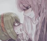  2girls black_jacket bruise bruise_on_face clenched_teeth danganronpa:_trigger_happy_havoc danganronpa_(series) eye_contact from_side green_hair grey_background hairband hand_on_another&#039;s_chin injury jacket long_hair long_sleeves looking_at_another medium_hair multiple_girls nail_polish naruse_(nal1525) pink_hair profile red_hairband simple_background teeth towa_monaca upper_body utsugi_kotoko 