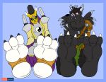  3_toes anthro bandai_namco big_feet bodily_fluids canid canine canis claws digimon digimon_(species) duo feet foot_fetish foot_focus graybluestudios humanoid male male/male mammal paws soles sweat sweatdrop tagme taomon toe_claws toes unknown_character wolf 
