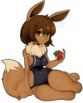  2023 anthro artist_name breasts brown_eyes brown_hair clothed clothing coffeechicken dipstick_tail eevee female fingers food generation_1_pokemon hair hi_res holding_food holding_object markings neck_tuft nintendo pokemon pokemon_(species) pokemon_berry short_hair simple_background solo tail tail_markings tamato_berry tuft white_background 