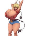  2023 4:5 animal_humanoid areola areola_slip barely_contained barely_contained_breasts belt big_breasts bottomwear bovid bovid_humanoid bovine bovine_humanoid breasts cathyl_(monster_musume) cattle_humanoid clothing cutoffs denim denim_clothing female hi_res horn horned_humanoid huge_breasts humanoid looking_at_viewer mammal mammal_humanoid monster_girl_(genre) monster_musume mrsakai one_eye_closed shorts signature simple_background smile smiling_at_viewer solo stretching tail tail_tuft tuft white_background year 