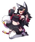  1girl :d animal_ear_fluff animal_ears black_hair black_serafuku black_shirt black_skirt black_sleeves blush claw_pose crop_top crop_top_overhang cropped_shirt cross-laced_slit curvy detached_sleeves double-parted_bangs flipped_hair full_body hair_ornament hairclip highres hololive jb_jagbung jumping kouhaku_nawa long_hair looking_at_viewer low-tied_long_hair midriff miniskirt multicolored_hair navel necktie ookami_mio ookami_mio_(1st_costume) open_mouth pleated_skirt red_hair red_necktie rope sailor_collar school_uniform serafuku shimenawa shirt side-tie_skirt side_slit sidelocks simple_background skirt sleeveless sleeveless_shirt smile solo spiked_hair streaked_hair tabi tail tail_around_own_leg tail_wrap thighhighs transparent_background very_long_hair virtual_youtuber white_hair white_sailor_collar white_thighhighs wolf_ears wolf_girl wolf_tail yellow_eyes 