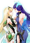  2girls bare_shoulders blonde_hair blue_fire breast_contest breast_press breasts brighid_(xenoblade) center_opening chest_jewel cleavage cleavage_cutout closed_eyes clothing_cutout commentary_request curvy dress earrings elbow_gloves fiery_hair fire gloves highres jewelry large_breasts long_hair multiple_girls mythra_(xenoblade) nayuta-kanata purple_dress purple_hair revision short_dress swept_bangs symmetrical_docking thighhighs tiara very_long_hair white_dress white_gloves xenoblade_chronicles_(series) xenoblade_chronicles_2 yellow_eyes 