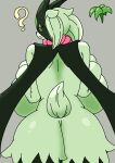  back_boob big_breasts big_butt breasts butt butt_focus curvy_figure eyelashes fur generation_9_pokemon green_body green_fur grey_background half-closed_eyes hi_res huge_breasts looking_at_viewer looking_back meowscarada narrowed_eyes nintendo nishiki_(artist) pink_nose pokemon pokemon_(species) question_mark rear_view red_eyes short_tail simple_background tail thick_thighs voluptuous wide_hips 