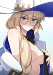  1girl blonde_hair blue_eyes blush bow bowtie breasts brooch fate/grand_order fate_(series) glasses hat highres jewelry kiso_(wjnomcuzqmdjcql) large_breasts long_hair looking_at_viewer naked_robe off_shoulder robe round_eyewear smile solo tonelico_(fate) white_headwear witch_hat 