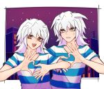  2boys anger_vein bakura_ryou blue_shirt border brown_eyes city clenched_teeth commentary_request hair_between_eyes heart heart_hands long_hair looking_at_viewer male_focus medium_bangs multiple_boys open_mouth outside_border purple_sky shirt sky smile star_(sky) starry_sky striped striped_shirt t-shirt takeru_binbin teeth upper_body upper_teeth_only v-shaped_eyebrows white_border white_hair white_shirt yami_bakura yu-gi-oh! yu-gi-oh!_duel_monsters 