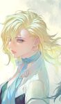  1girl black_bra blonde_hair blue_eyes blue_scarf bra collarbone floating_hair highres hiroko jacket light long_hair looking_to_the_side mole mole_under_eye o_c_x parted_lips portrait scarf shin_megami_tensei shin_megami_tensei_ii shoulder_pads sidelighting simple_background solo underwear white_background white_jacket 