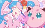  1girl bull_sprite_(pokemon) cardigan choker earrings fairy_miku_(project_voltage) flower hair_flower hair_ornament hatsune_miku heart heart_choker highres jewelry jigglypuff long_hair looking_at_viewer multicolored_hair nail_polish open_mouth pink_cardigan pink_nails pokemon pokemon_(creature) project_voltage rii_(mrhc7482) twintails two-tone_hair very_long_hair vocaloid 