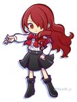  1girl black_footwear black_skirt bow buttons closed_mouth doradorakingyo drop_shadow full_body hair_over_one_eye kirijou_mitsuru long_hair long_sleeves official_style persona persona_3 puyopuyo puyopuyo_quest red_bow red_eyes red_hair s.e.e.s shirt skirt smile solo twitter_username white_background white_shirt 
