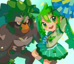  1girl arm_up cowboy_shot grass_miku_(project_voltage) green_eyes green_hair green_shirt green_skirt hair_between_eyes hair_ornament hatsune_miku highres long_hair looking_at_viewer miniskirt nagomi_(_nagomi_) open_mouth pokemon pokemon_(creature) pom_pom_(cheerleading) project_voltage rillaboom shirt skirt smile solo standing twintails vocaloid x_hair_ornament 