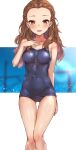  1girl absurdres arm_at_side ass_visible_through_thighs blue_one-piece_swimsuit blurry blurry_background blush braid braided_bangs breasts brown_hair collarbone covered_navel feet_out_of_frame forehead hand_on_own_chest hand_up hasumushi highres idolmaster idolmaster_cinderella_girls letterboxed long_hair looking_at_viewer medium_breasts one-piece_swimsuit open_mouth school_swimsuit seki_hiromi smile solo swimsuit thigh_gap very_long_hair 