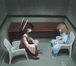  2girls absurdres ankle_cuffs bare_shoulders blonde_hair blue_dress bow braid brown_hair closed_eyes closed_mouth detached_sleeves dress english_commentary from_above from_side full_body hair_bow hair_ribbon hair_tubes hakurei_reimu highres holding holding_paper indoors interrogation kirisame_marisa long_hair long_sleeves looking_at_another meme monobloc_(chair) multiple_girls nikolas_cruz_interrogation_(meme) no_headwear nyztsune paper profile red_dress red_skirt red_vest ribbon sarashi sitting skirt skirt_set touhou tress_ribbon vest wide_sleeves 