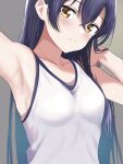  1girl armpits blue_hair blush borgbutler breasts commentary gradient_background gradient_hair grey_background hair_between_eyes highres long_hair looking_at_viewer love_live! love_live!_school_idol_project medium_breasts multicolored_hair presenting_armpit shirt sideboob simple_background sleeveless sleeveless_shirt solo sonoda_umi upper_body white_shirt yellow_eyes 
