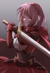  1girl armor cape fire_emblem fire_emblem_engage hairband highres holding holding_sword holding_weapon lapis_(fire_emblem) looking_at_viewer pink_hair red_armor red_eyes short_hair shoulder_armor simple_background skirt solo sword upper_body weapon yutohiroya 