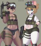  abs ahoge anthro black_bottomwear black_clothing black_hair black_shorts blonde_hair blue_eyes blush bottomwear brown_body brown_fur buckteeth bulge clothing duo fur girly green_bottomwear green_clothing green_eyes green_hat green_headwear green_pupils green_shorts green_topwear green_vest gun hair hat headgear headwear hi_res holding_gun holding_object holding_weapon hotpants knee_pads looking_at_viewer magazine_(gun) male mammal marvin_(mr-shin) midriff mouse mr-shin murid murine muscular muscular_anthro muscular_male mustelid otter pink_inner_ear pupils ranged_weapon river_otter rodent shin_(mr-shin) shorts smile standing tan_body tan_fur teeth thick_thighs tight_clothing topwear vest weapon white_body white_fur 