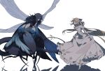  acell1224 antennae arthropod_boy artoria_caster_(fate) artoria_pendragon_(fate) black_gloves black_hair blonde_hair blue_bow blue_cape bow bowing cape character_request check_character cleavage_cutout clothing_cutout curtsey dress fate/grand_order fate_(series) frilled_dress frills fur-trimmed_cape fur_trim gloves hair_bow head_wreath high_heels highres insect_wings juliet_sleeves long_hair long_sleeves looking_at_another monster_boy monsterification oberon_(fate) oberon_(third_ascension)_(fate) ponytail profile puffy_sleeves shadow shirt short_hair simple_background skirt_hold smile standing taur very_long_hair white_background white_dress white_footwear white_shirt wide_sleeves wings 